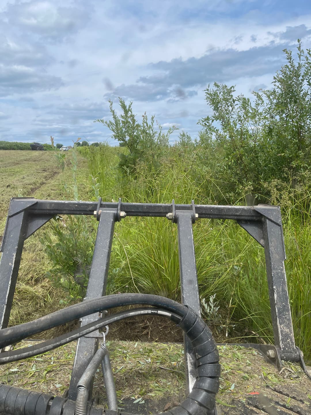View from a tractor attachment overgrown with tall grass under a cloudy sky.