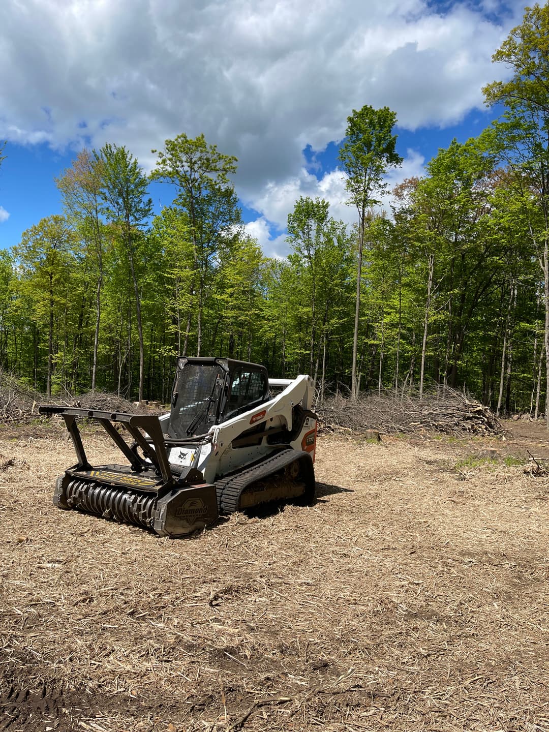 Skid steer loader in a deforested area surrounded by trees under a cloudy blue sky.